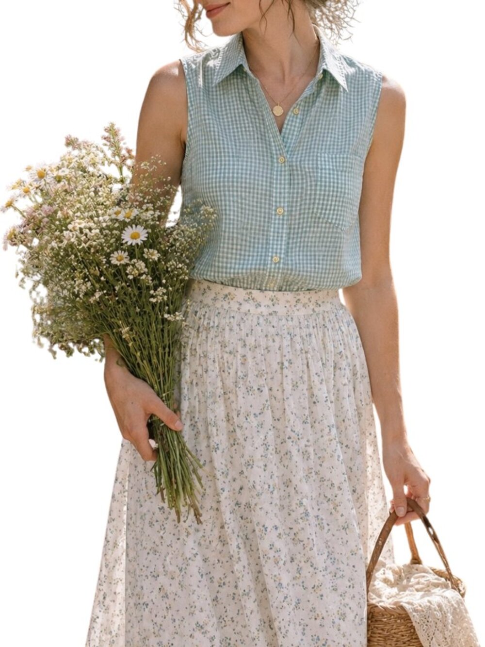 Gingham Cottagecore Sleeveless Button Down 100% Cotton Shirt - L - Green, White